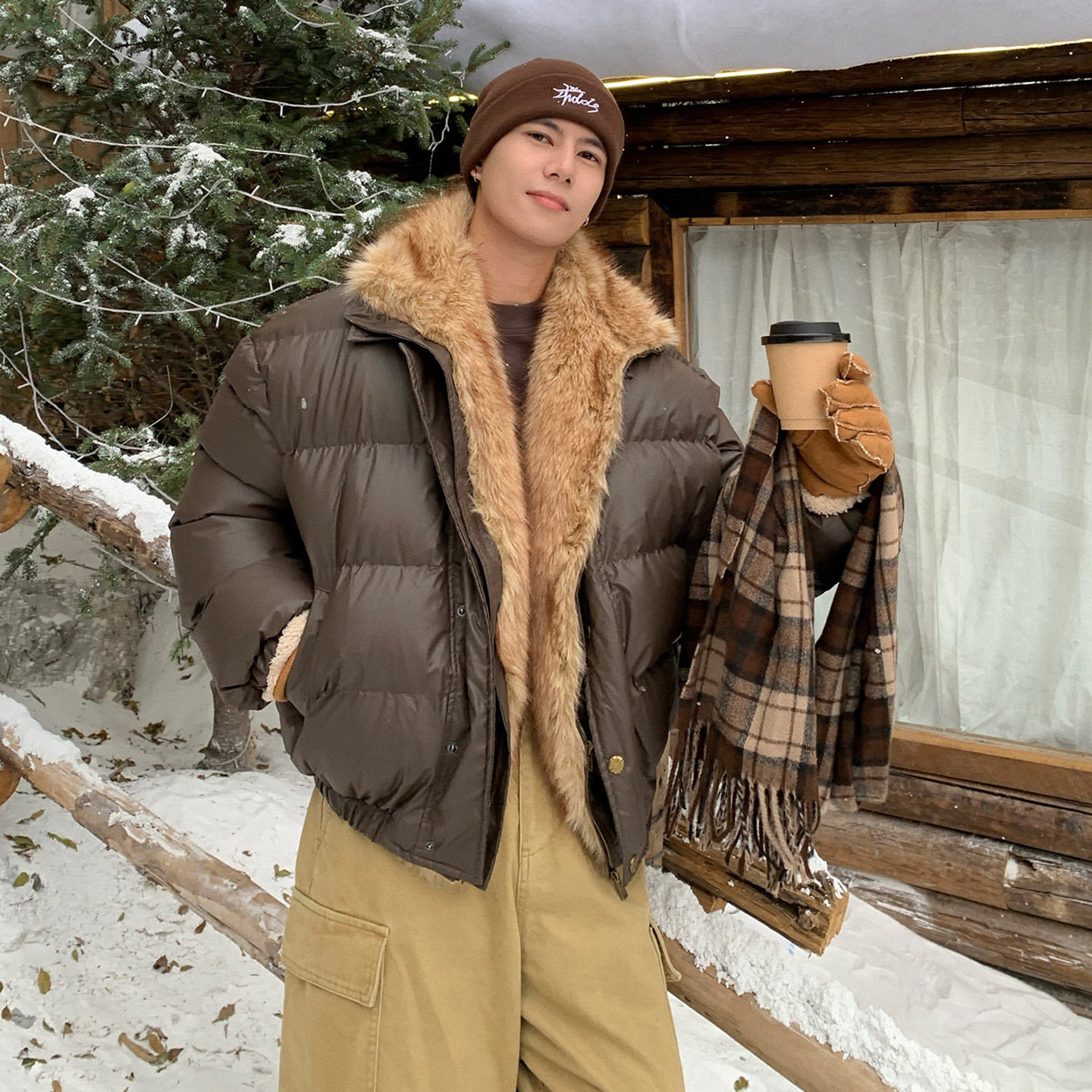 Holocene美式潮牌毛领毛绒座山雕棉服复古短款加厚保暖防风棉衣男