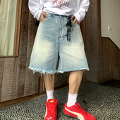 Holocene美式 做旧拉须毛边牛仔情侣五分裤 潮牌宽松版 型洗水蓝短裤