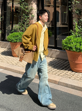 Holocene美式潮牌秋冬高智感衬衫拼接毛衣情侣同款休闲针织衫外套