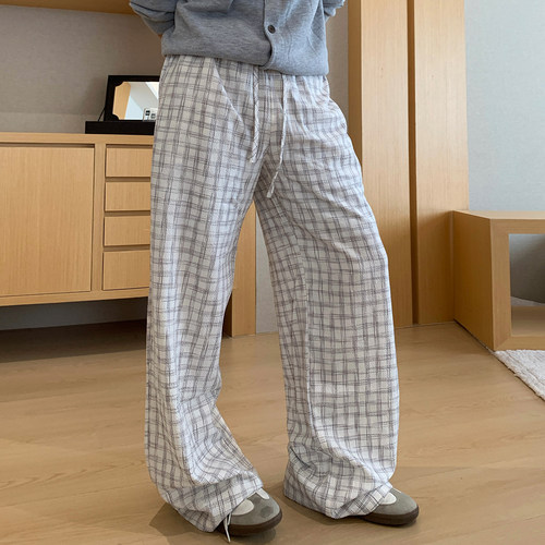 Holocene宽松格纹泡泡皱休闲裤男