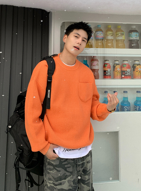 Holocene美式潮牌复古重磅圆领针织衫宽松休闲打底套头情侣毛衣