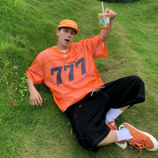 Holocene美式潮牌运动球服夏季镂空凉爽网格印花数字T恤V领短袖男