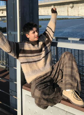 Holocene美式潮牌拼色条纹圆领毛衣男秋冬宽松撞色时尚宽松针织衫