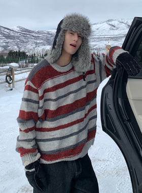 Holocene美式潮牌慵懒风撞色条纹圆领毛衣男生冬季宽松百搭针织衫