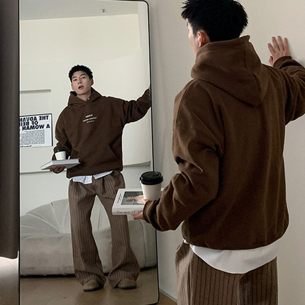 Holocene美式潮牌冬季加厚加绒卫衣男连帽宽松慵懒风百搭情侣帽衫