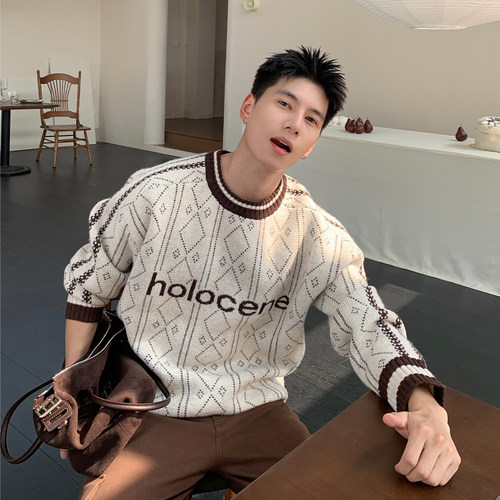 Holocene撞色菱格字母毛衣男秋冬