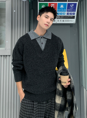 Holocene美式潮牌假两件针织衫高级感痞帅百搭秋冬时尚宽松毛衣男