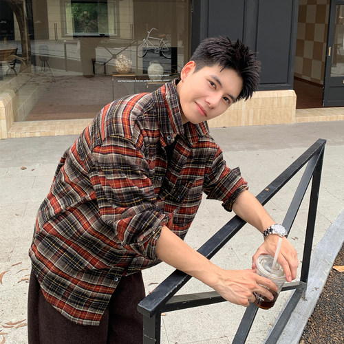 Holocene复古格纹宽松长袖衬衫
