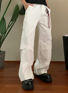 Holocene美式潮牌工装裤男女宽松直筒白色复古嘻哈结舞休闲伞兵裤