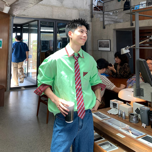 Holocene潮牌格子长袖衬衫男