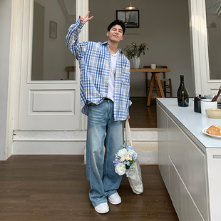 情侣衬衫 休闲慵懒长袖 复古撞色格子宽松衬衣 潮牌春季 Holocene美式