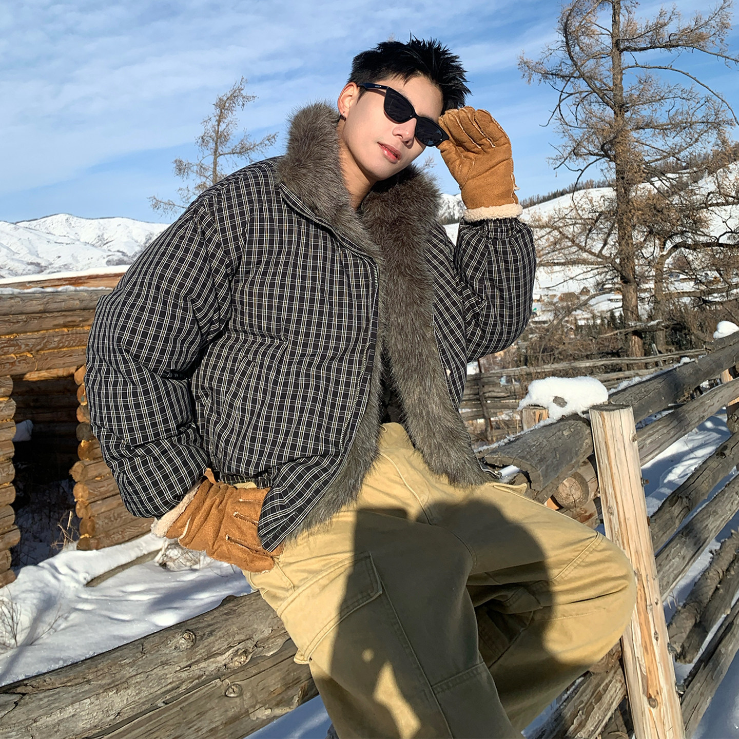 Holocene美式潮牌座山雕毛领格子棉衣外套男冬季短款宽松加厚棉服,男装,棉衣,淘宝优惠券,粉丝福利购,淘宝优惠卷