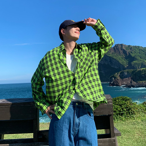 Holocene宽松绿色格子长袖衬衫男