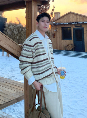 Holocene美式潮牌慵懒风开衫毛衣男秋季高级感拼色条纹休闲针织衫