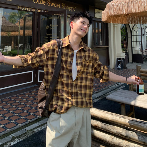 Holocene复古宽松格子长袖衬衫男