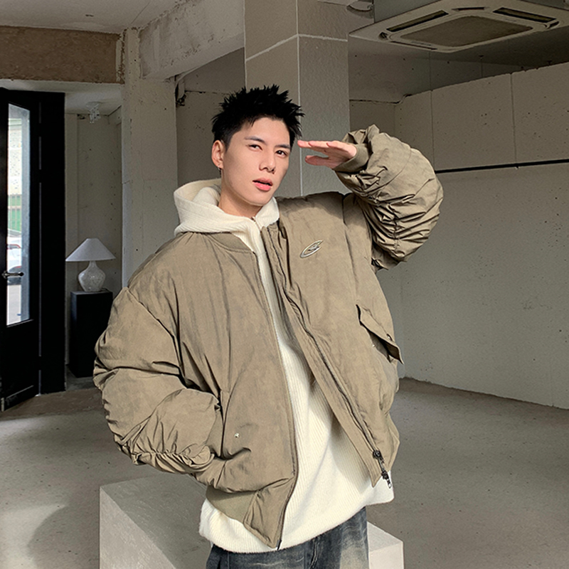 Holocene美式潮牌冬季复古褶皱飞行员夹克棉服小众设计感棉衣外套