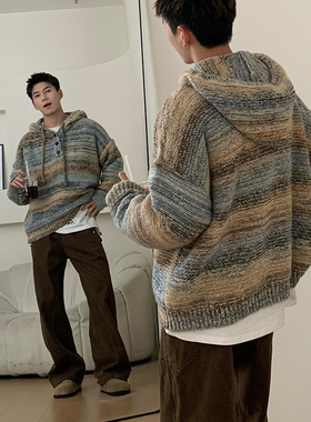 Holocene美式潮牌秋冬复古百搭宽松连帽针织衫撞色三粒扣毛衣外套