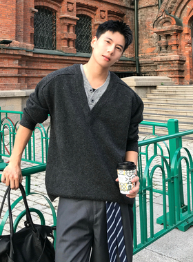 HOLOCENE美式潮牌复古简约纯色假两件毛衣cleanfit情侣同款针织衫