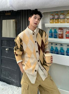 Holocene美式潮牌撞色几何图案秋冬高级感开衫毛衣宽松休闲针织衫