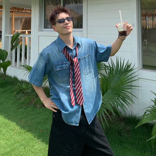 Holocene学院风牛仔衬衫男夏季