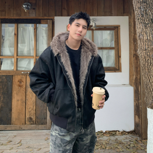 Holocene美式 潮牌痞帅风座山雕大毛领夹克男秋冬宽松保暖连帽棉衣