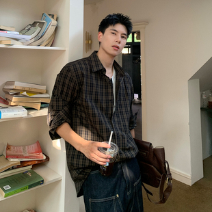 宽松休闲秋款 外套男纯棉长袖 复古 潮牌氛围感格子衬衫 Holocene美式