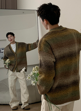 Holocene美式潮牌开衫毛衣男秋冬新款渐变条纹宽松V领情侣针织衫