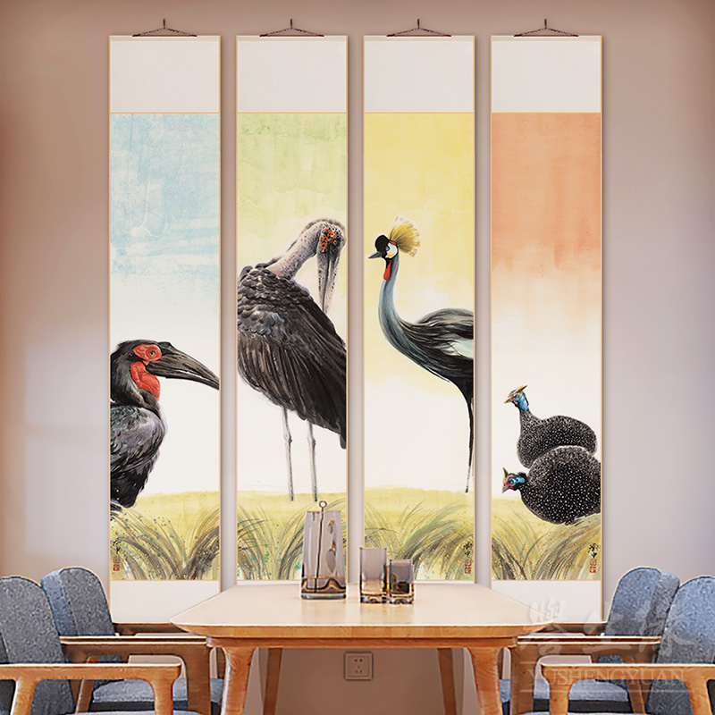 鸟类四条屏新中式卷轴挂画竖版餐厅装饰画客厅书房过道背景墙壁画