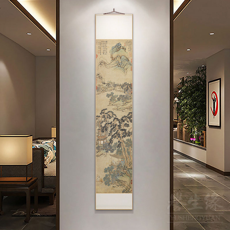 仇英竹楼图新中式卷轴挂画 画竖版玄关过道装饰画 画饭厅书房山水