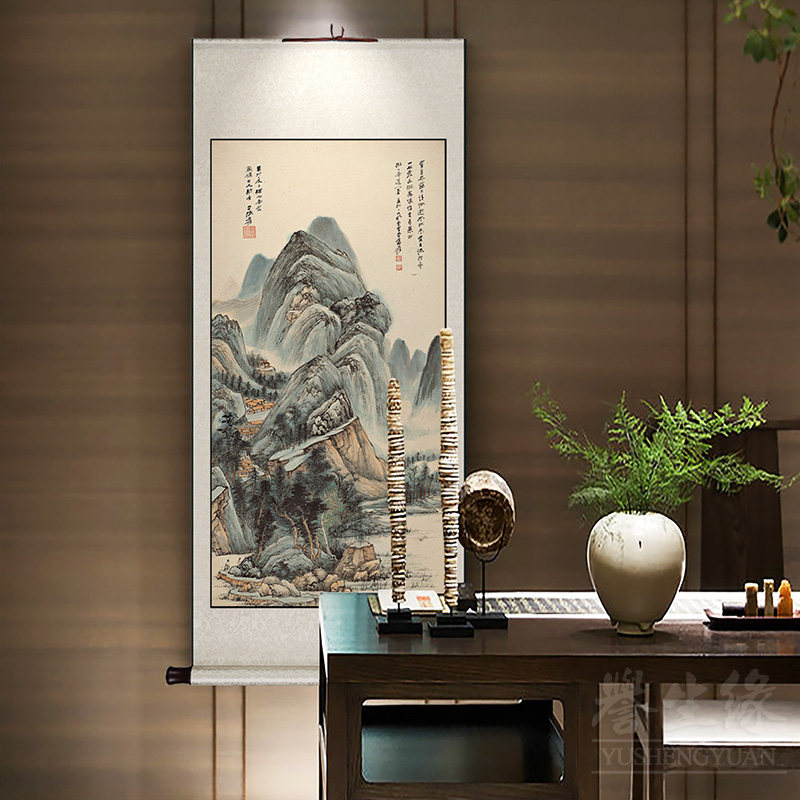 张大千山水画 画新中式卷轴挂画 画竖版玄关过道装饰画 画客厅饭