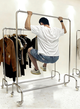 服装店挂衣杆不锈钢带轮子银色中岛陈列架女装店落地式货架展示架