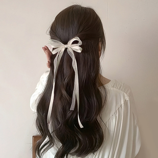 奶白色芭蕾风蝴蝶结蕾丝飘带发夹双马尾丝带绑发编头饰鸭嘴夹子