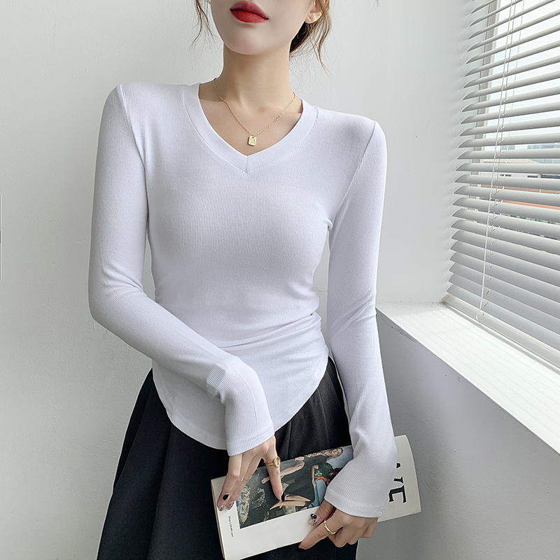V领打底衫T恤女2025年新款春夏季内搭褶皱收腰修身显瘦长袖上衣