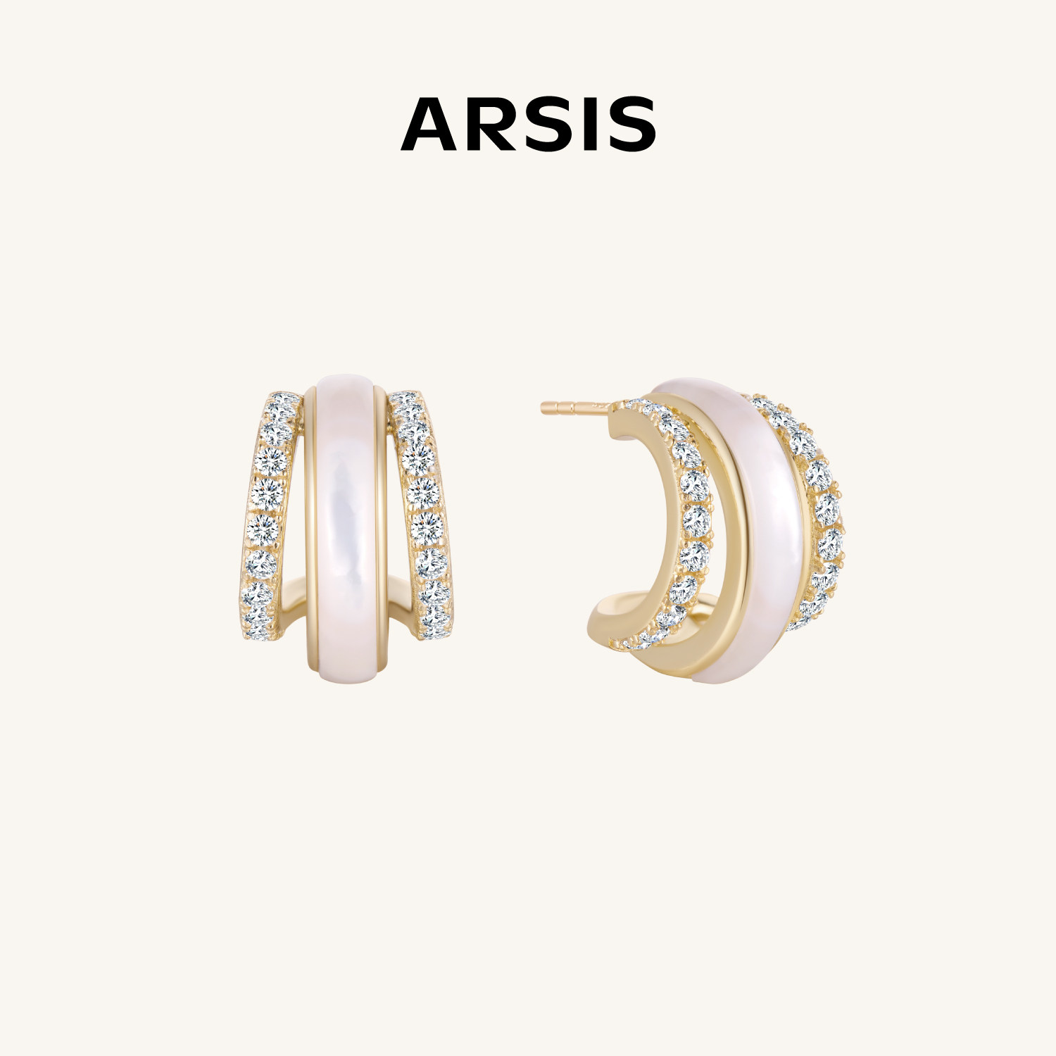 ARSIS贝母镶钻三环耳钉高级感