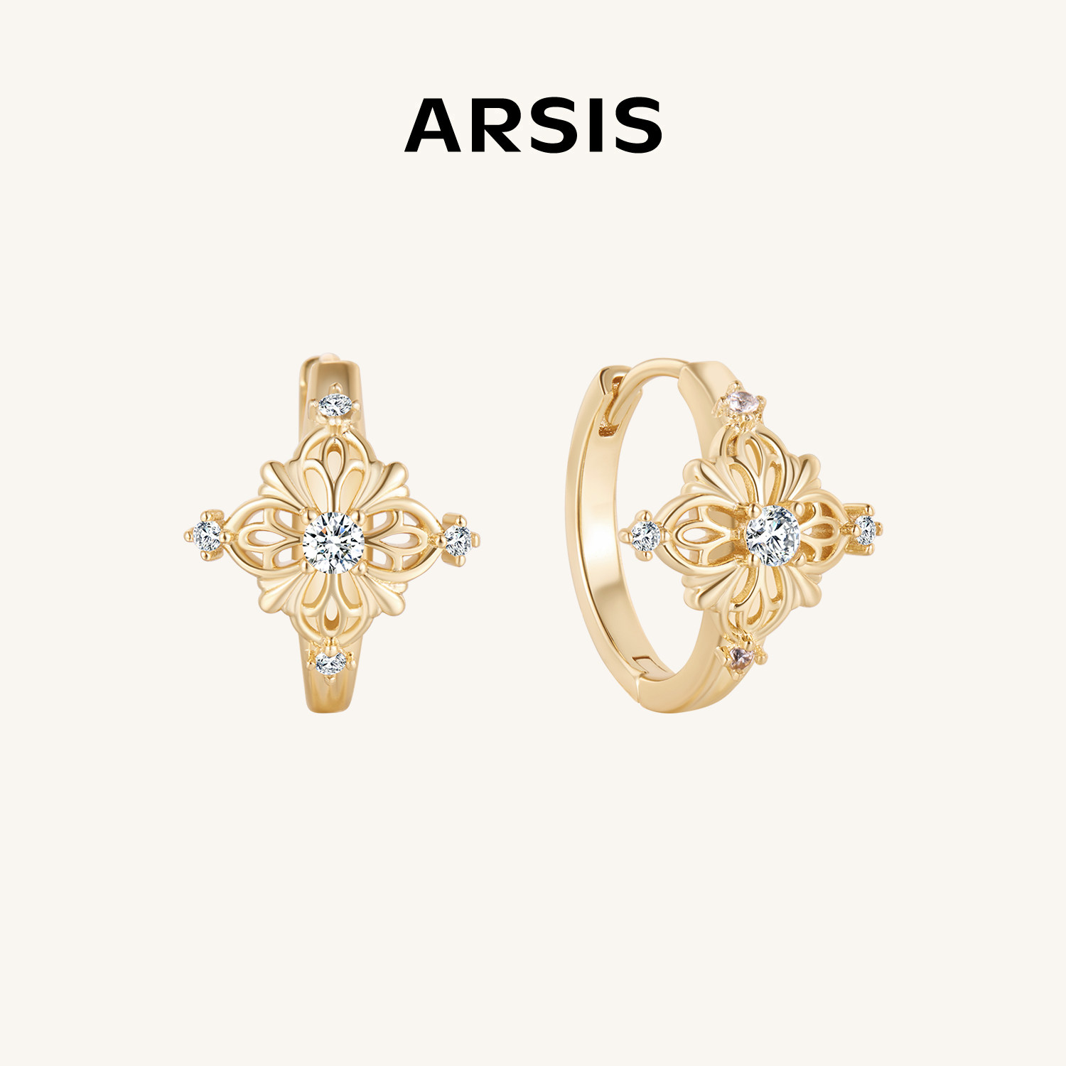 ARSIS卷草纹四叶草镶钻耳钉