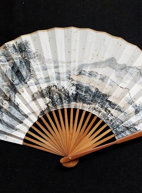 书房文玩工艺扇中式复古装饰水墨纸本手绘山水古典竹折扇山河01