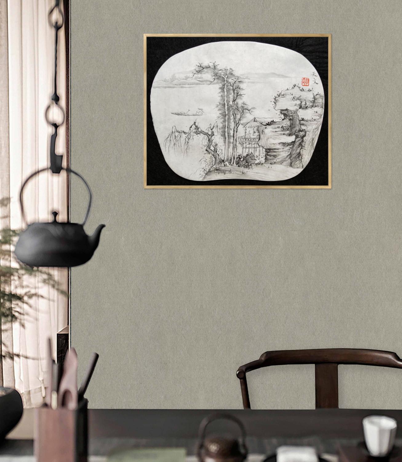 国画山水画团扇面新中式禅意复古手绘水墨纸本装饰画挂画江山系列