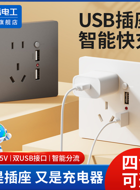 国际电工86型墙壁手机充电Type-c家用五孔20W快充USB插座开关面板