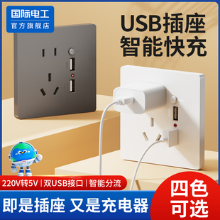 国际电工86型墙壁手机充电Type c家用五孔20W快充USB插座开关面板