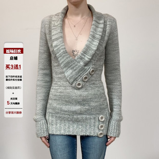毛衣翻领毛织衫 中长款 潮 针织衫 IAEY简约复古灰色低胸V领纽扣长袖