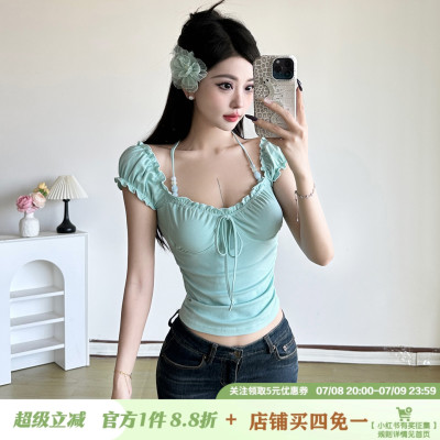 IAEY法式甜美少女薄荷蓝木耳边方领T恤纯欲复古串珠系带收腰上衣