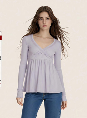 IAEY简约复古紫色条纹交叉V领长袖T恤褶皱收腰显瘦A摆娃娃衫上衣