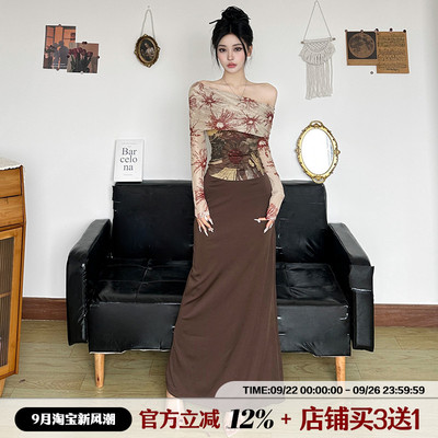IAEY美式复古晕染印花撞色一字肩T恤性感露肩vintage上衣+长裙潮