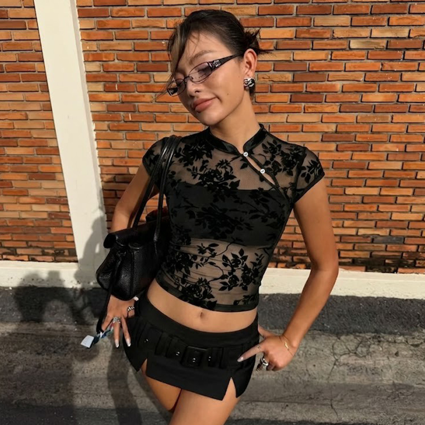 IAEY复古新中式黑色植绒提花镂空短袖T恤女斜襟盘扣旗袍短上衣夏