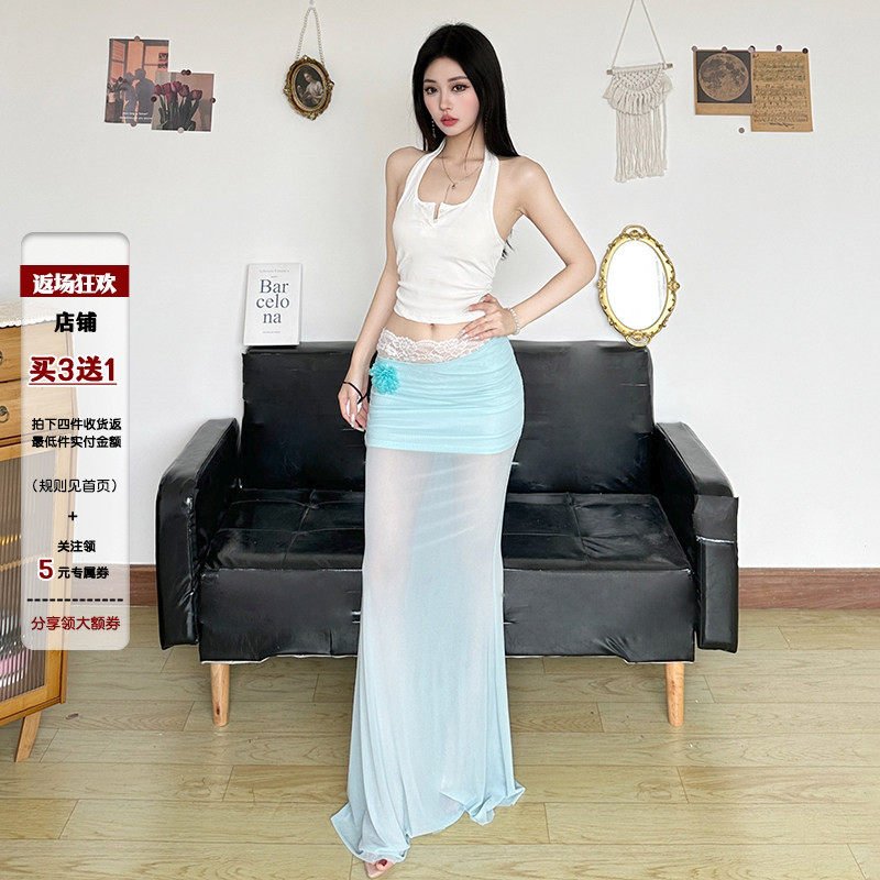 IAEY美式少女纯欲性感网纱低腰半身裙夏季海边度假花边腰头长裙