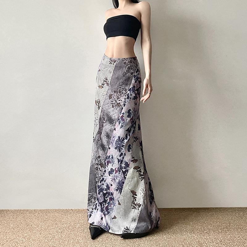 IAEY美式vintage森系植物印花低腰半身裙百搭修身包臀古着感长裙