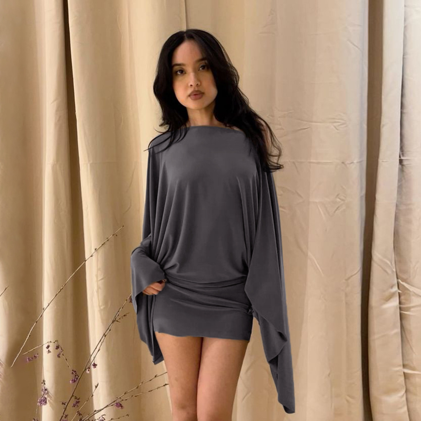 IAEY欧美INS复古辣妹宽松衣袖一字肩连衣裙显瘦百搭紧身包臀短裙 - 实物图