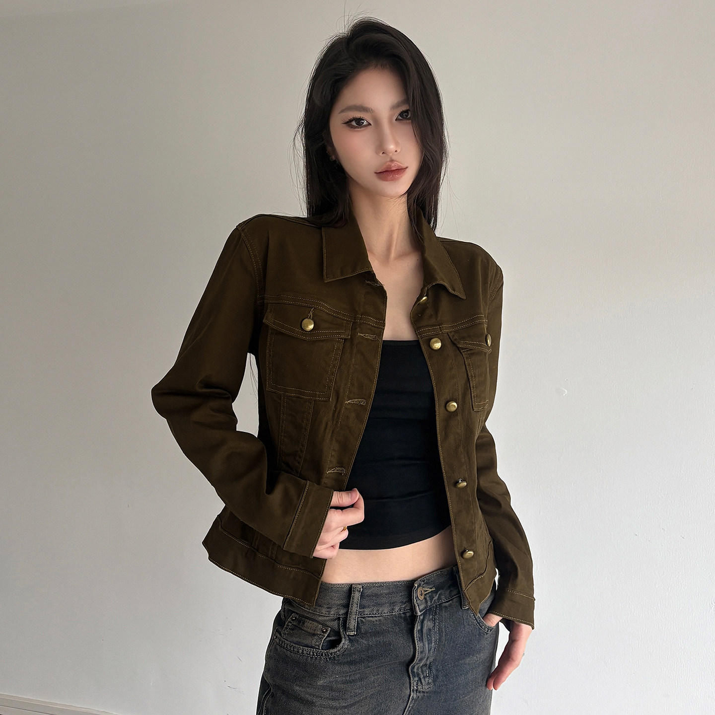 IAEY美式复古街头辣妹棕色工装牛仔短外套秋冬古铜色纽扣机车上衣