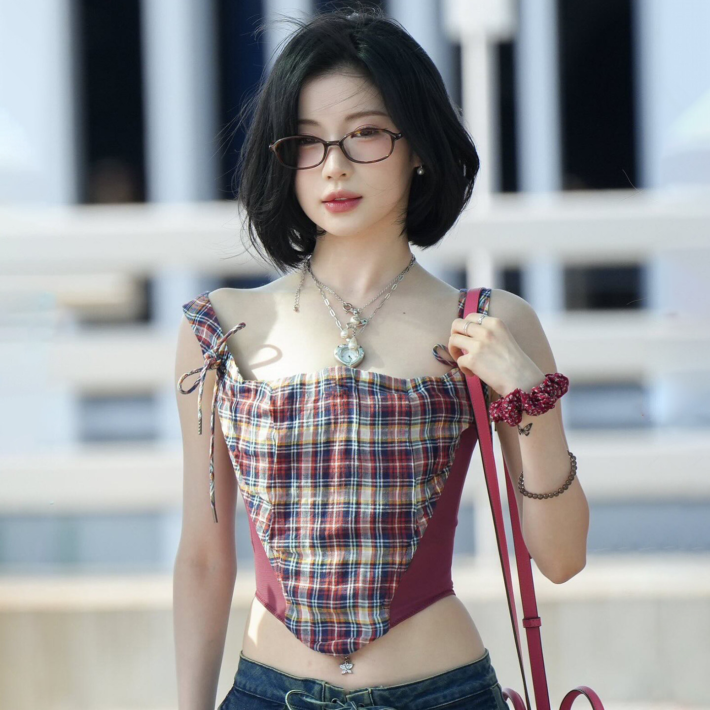 IAEY~爱豆Asa同款复古撞色格纹U领系带背心女小众设计感红色吊带