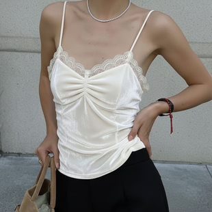 IAEY法式 褶皱胸型上衣 纯欲风蕾丝花边BM少女丝绒吊带背心百搭修身